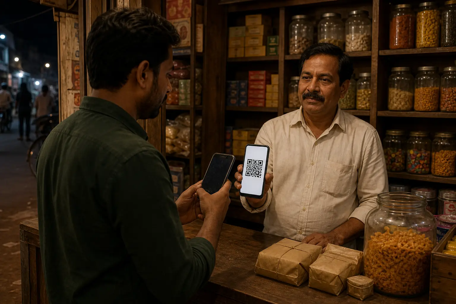 A kirana shopkeeper showing a generic QR code on a phone to a customer.
